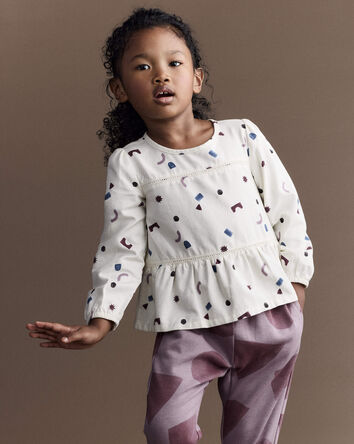 Toddler Girl Peplum Long-Sleeve Top with Shapes - Ivory, 