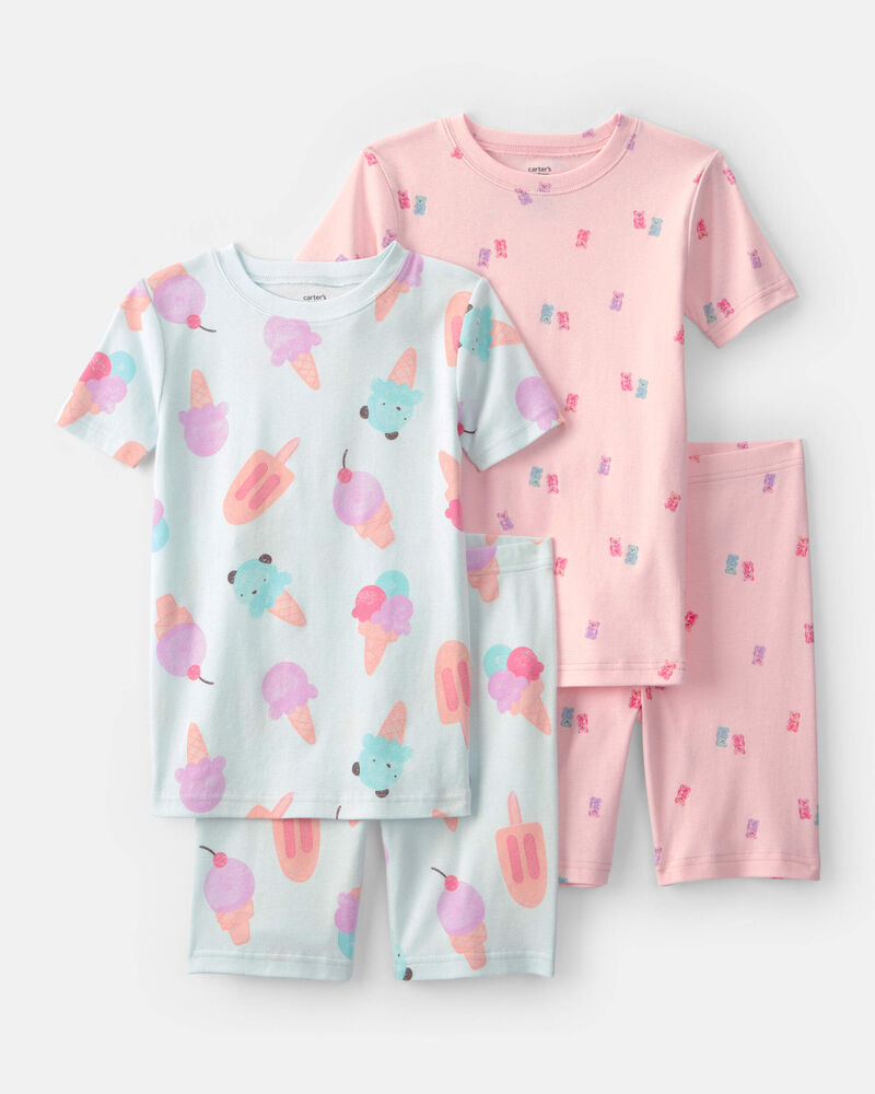 Girls Ice Cream 100% Cotton Short-Sleeve Snug Fit 4-Piece Pyjama Set - Pink/Blue, image 1 of 4 slides