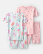 Girls Ice Cream 100% Cotton Short-Sleeve Snug Fit 4-Piece Pyjama Set - Pink/Blue, image 1 of 4 slides