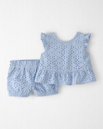 Baby Girl 3-Piece Organic Cotton Outfit Set in Blue Eyelet, 