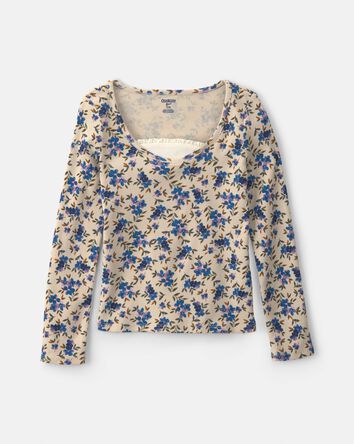Filles - Haut manches longues &agrave; motif floral - Bleu/Cr&egrave;me, 