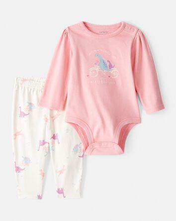 Baby Girl Dinosaur Print Cotton Long-Sleeve Tee & Pant Set - Pink/White, 