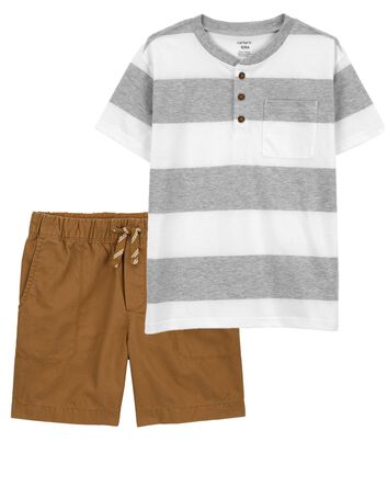 Kid 2-Piece Striped Jersey Henley & Pull-On Shorts Set, 
