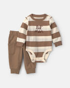 Baby Boy 2-Piece 'Lil Man' Striped Long-Sleeve Bodysuit & Pant Set - Brown, image 1 of 6 slides