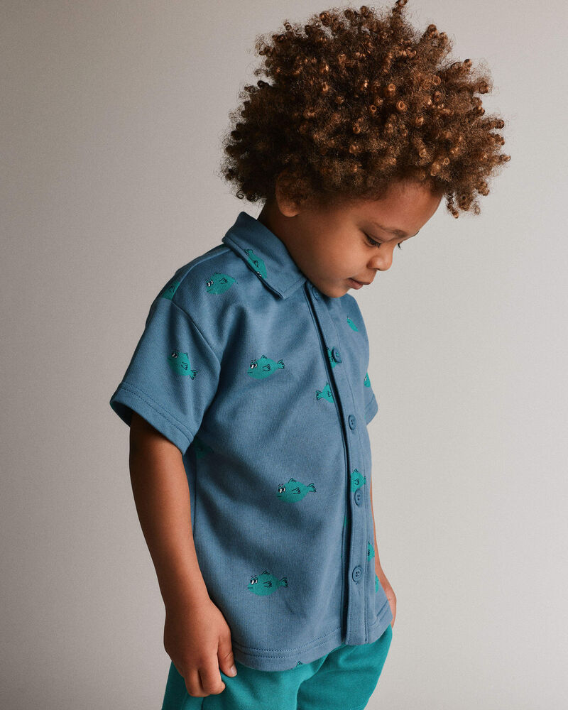 Toddler Boy Button-Down Short-Sleeve Shirt in Fish Print - Slate, image 1 of 6 slides