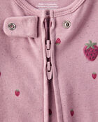 Baby Girl Strawberry Print 100% Cotton Sleeper- Pink, image 3 of 5 slides