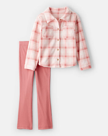 Girls 2-Piece Plaid Long-Sleeve Tee & Pant Set - Pink, 