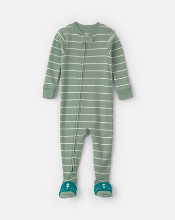 Tout-petit gar&ccedil;on - Pyjama ajust&eacute; 1 pi&egrave;ce avec pieds en 100 % coton &agrave; motif rayures et dinosaure &ndash; Vert, 