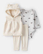 Baby Girl 3-Piece Bear Print Sleeveless Jacket, Bodysuit & Pant Set - White, image 1 of 5 slides