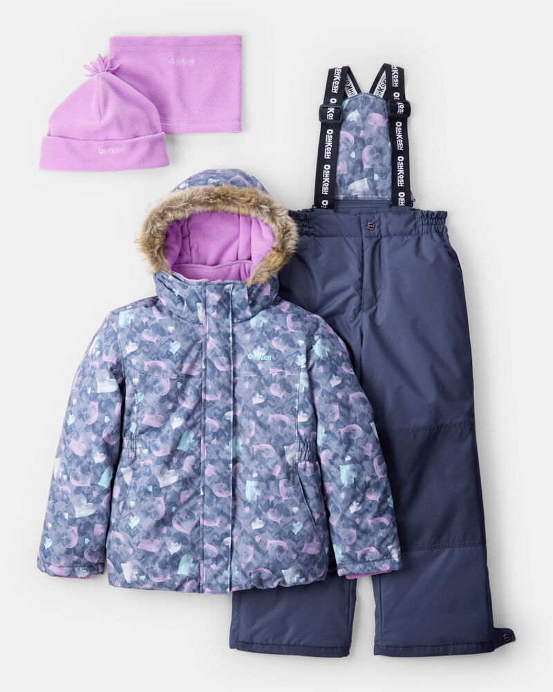 Girls 2-Piece Taslan Heart Print Snowsuit Set - Indigo, image 1 of 13 slides