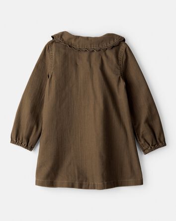 Toddler Girl Scalloped Collar Button-Down Long-Sleeve Dress - Brown, 