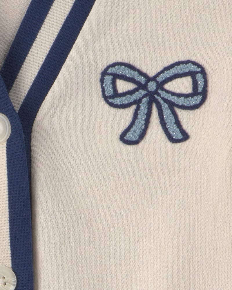 Girls Bow French Terry Cardigan Sweater - Cream, image 5 of 6 slides