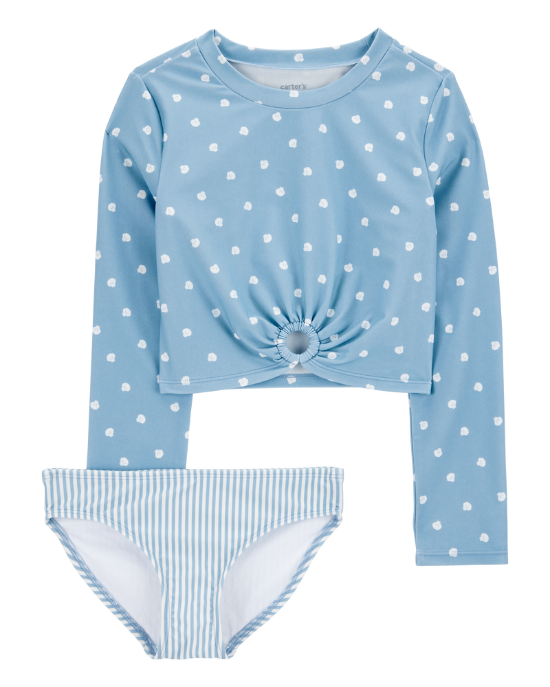 Kid 2-Piece Shell Striped Long-Sleeve Rashguard Swim Set - Blue, image 1 of 3 slides