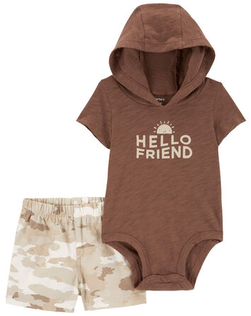 2-Piece Hello Friend Hooded Bodysuit & Camo Short Set, 