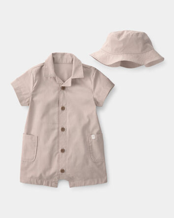 B&eacute;b&eacute; gar&ccedil;on - Ensemble 2 pi&egrave;ces barboteuse &agrave; manches courtes en toile, couleur unie - Brun, 