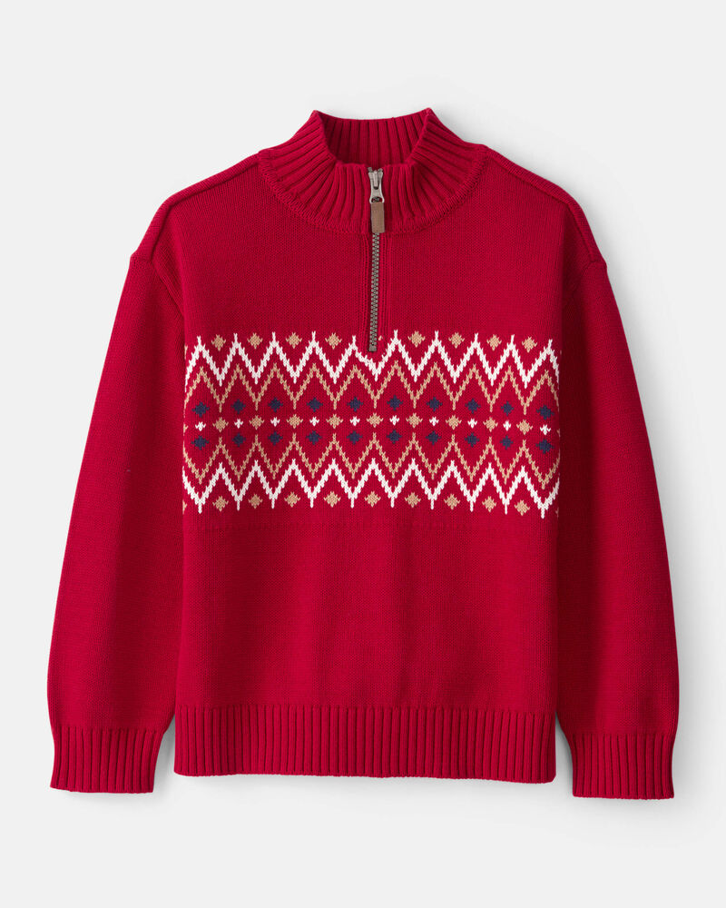 Boys Fair Isle Cotton Quarter-Zip Long-Sleeve Sweater - Red, image 1 of 3 slides
