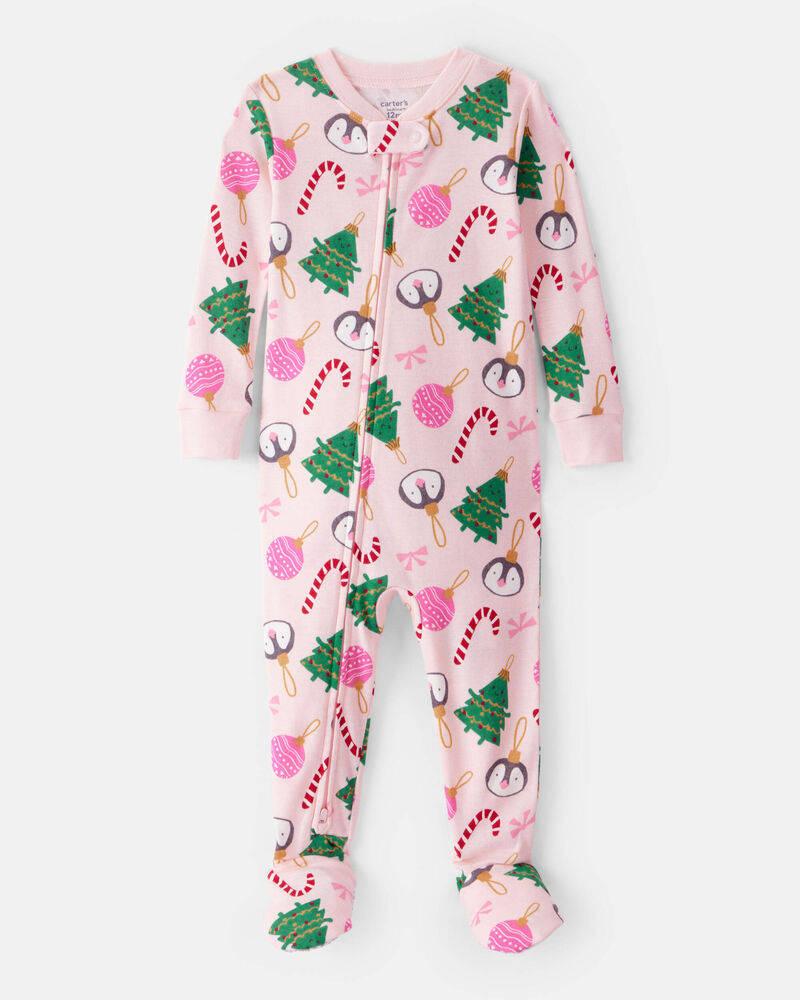 Baby Girl Christmas Ornament Print 100% Cotton Long-Sleeve 2-Way Zip 1-Piece Pyjamas - Pink, image 1 of 3 slides