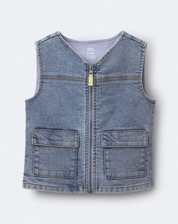 Toddler Boy Zip-Up Denim Vest with Pockets in Avenue Wash - Blue, 
