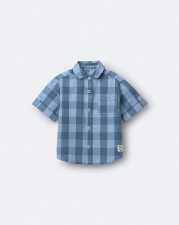 Toddler Boy Button-Down Short-Sleeve Shirt in Plaid - Blue, 