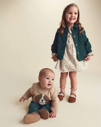 B&eacute;b&eacute; gar&ccedil;on - Ensemble 2 pi&egrave;ces chandail tricot &agrave; motif chien et pantalon - Vert/Brun, 