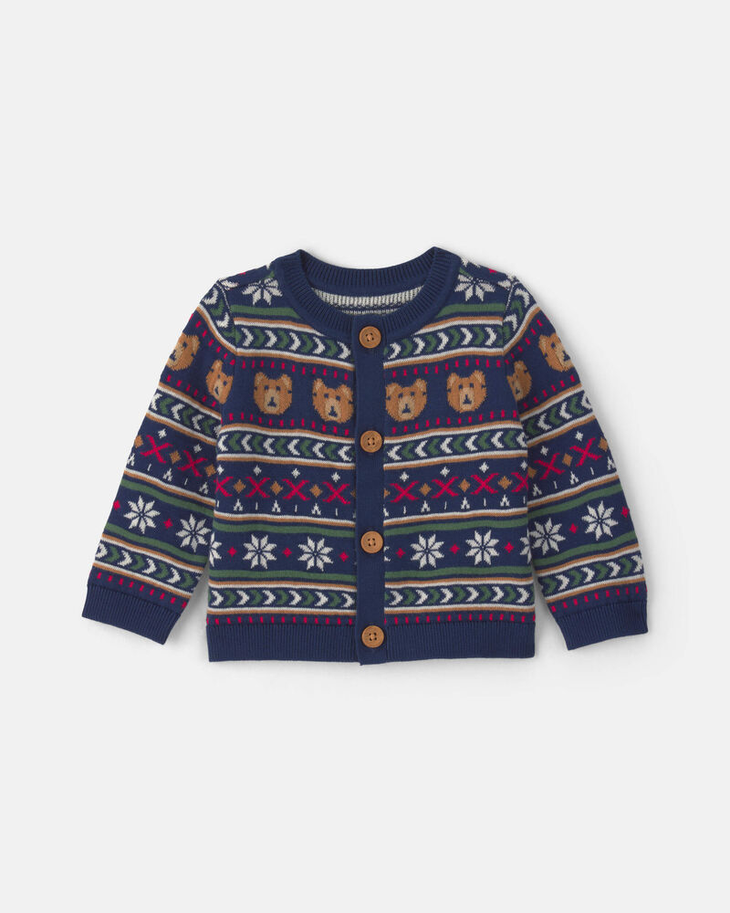 Baby Neutral Bear Fair Isle Cardigan Sweater - Navy Blue, image 1 of 3 slides