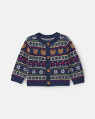 Baby Neutral Bear Fair Isle Cardigan Sweater - Navy Blue, image 1 of 3 slides