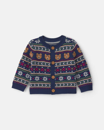 Baby Neutral Bear Fair Isle Cardigan Sweater - Navy Blue, 
