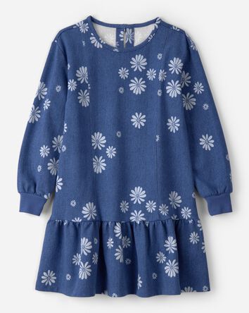 Girls Floral Print Long-Sleeve Dress - Blue, 