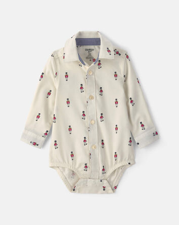 Baby Boy Nutcracker Christmas Long-Sleeve Button-Down Bodysuit - White/Red/Black, 