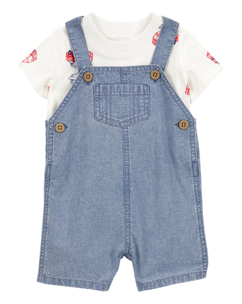 Baby 2-Piece Fire Truck Tee & Shortall Set - Grey, 