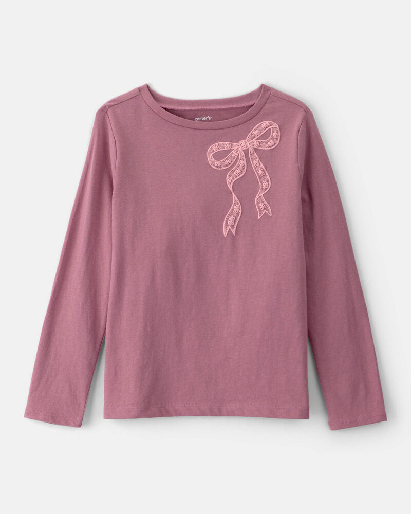 Girls Lace Bow Long-Sleeve Graphic Tee - Pink, image 1 of 4 slides