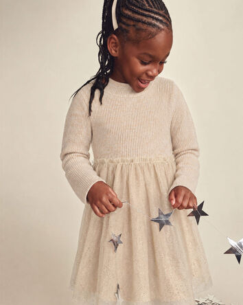 Toddler Girl Shimmer Long-Sleeve Sweater Tulle Dress - Cream, 