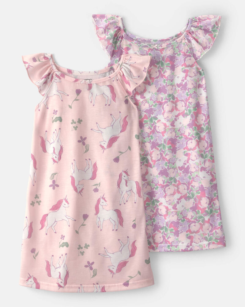 Filles - Emballage 2 robes de nuit amples &agrave; fleurs et licorne - Rose, image 1 sur 3 diapositives