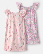 Filles - Emballage 2 robes de nuit amples &agrave; fleurs et licorne - Rose, image 1 sur 3 diapositives
