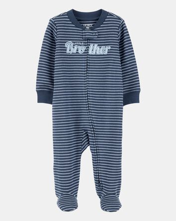 Baby Boy Striped Little Bro 2-Way Zip Cotton Sleeper - Navy Blue, 