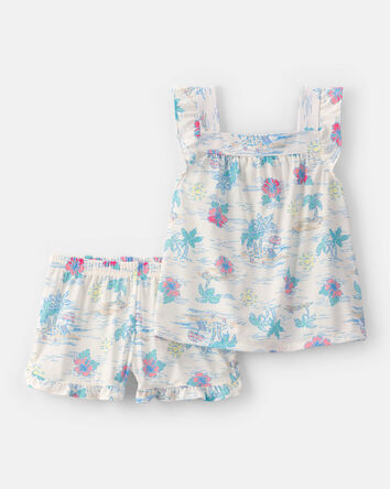 Girls 2-Piece Tropical Beach Sleeveless Loose Fit Pyjama Set - Multicolour, 