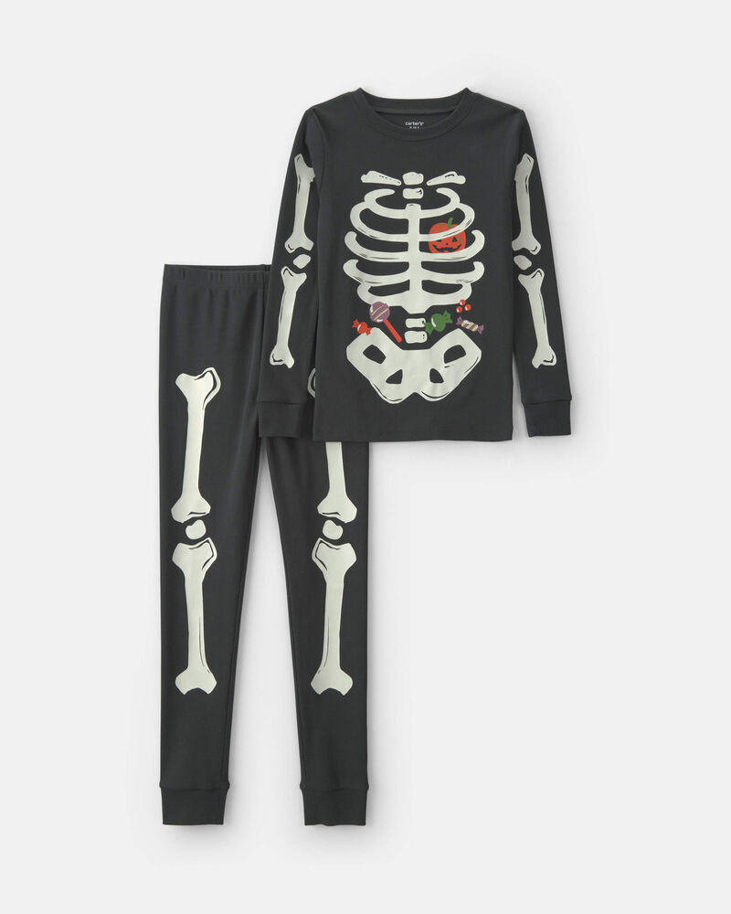 Kids 2-Piece Halloween Skeleton 100% Cotton Snug Fit Pyjama Set - Black, image 1 of 5 slides