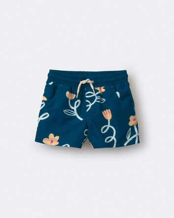 Toddler Boy Swim Trunk in Floral Print - Teal, 