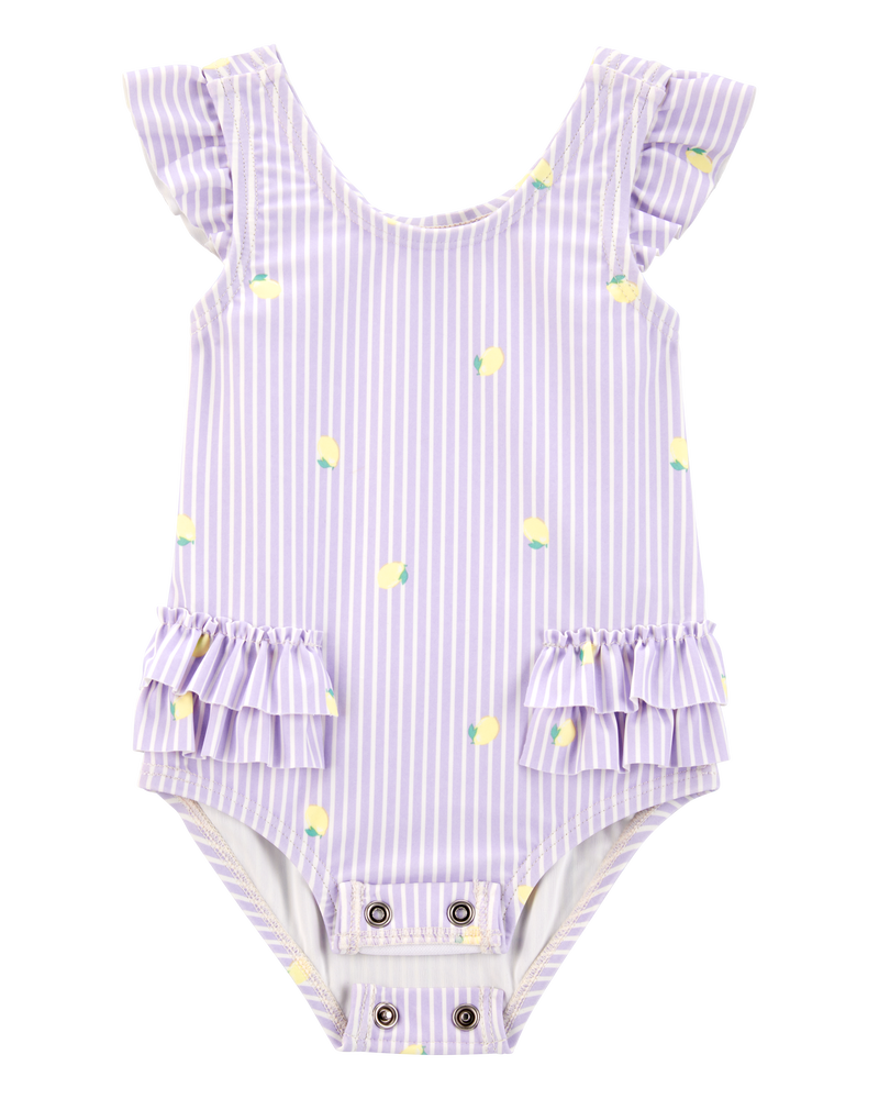 Baby Girl 1-Piece Striped Lemon Ruffle Swimsuit - Purple, image 2 of 6 slides