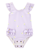 Baby Girl 1-Piece Striped Lemon Ruffle Swimsuit - Purple, image 2 of 6 slides