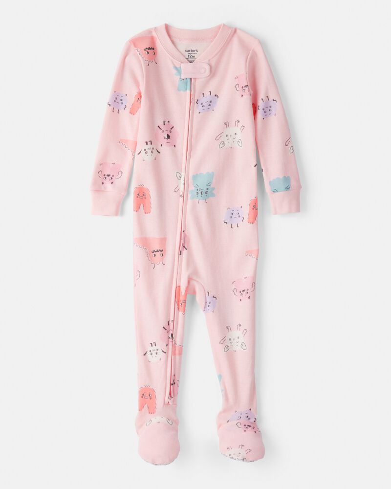 Baby Girl Monster 100% Cotton Snug Fit 2-Way Zip Footie 1-Piece Pyjamas - Pink, image 1 of 4 slides