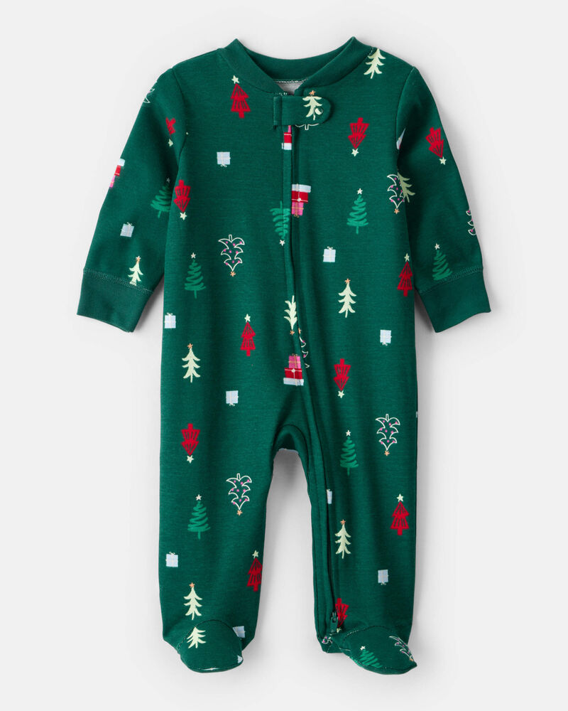 Baby Christmas Tree Print 100% Cotton Long-Sleeve Sleeper Green