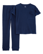Garçons - Pyjama 2 pièces décontracté en tricot gaufré de couleur unie - Bleu marine, image 1 sur 3 diapositives