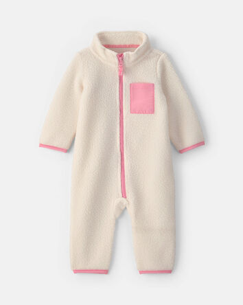 B&eacute;b&eacute; fille - Combinaison manches longues en molleton aux couleurs contrast&eacute;es &ndash; Cr&egrave;me/Rose, 