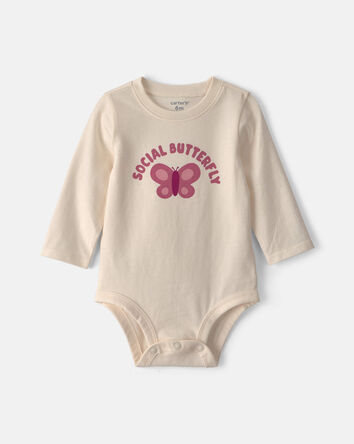 Baby Girl 'Social Butterfly' Long-Sleeve Graphic Bodysuit - Cream, 