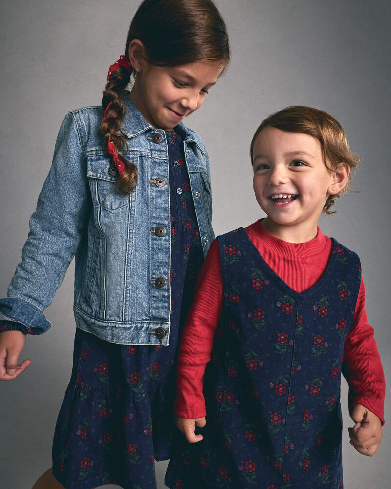 Toddler Girl 2-Piece Floral Corduroy Long-Sleeve Dress Set - Navy Blue/Red, image 4 of 9 slides