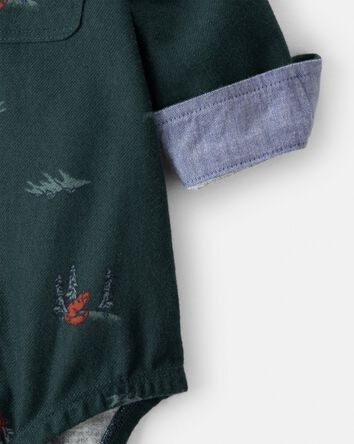 Baby Boy Woodland Fox Long-Sleeve Button-Down Bodysuit - Green, 