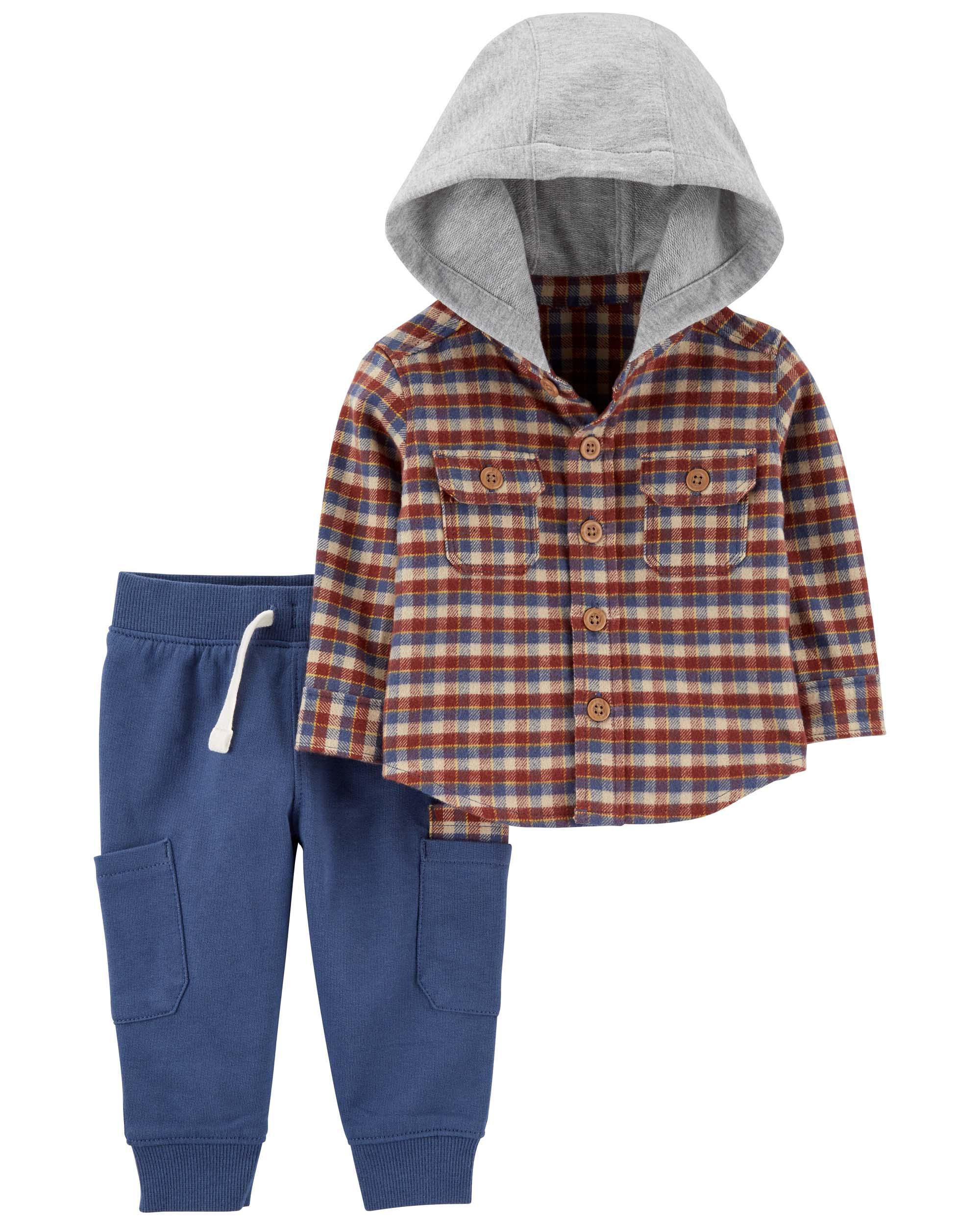 2 Piece Hooded Plaid Shirt Pant Set