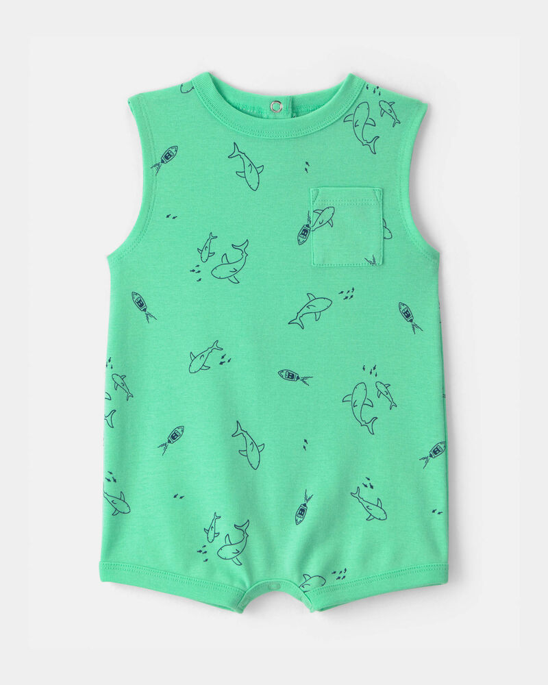 Baby Boy Shark Sleeveless Romper - Green, image 1 of 3 slides