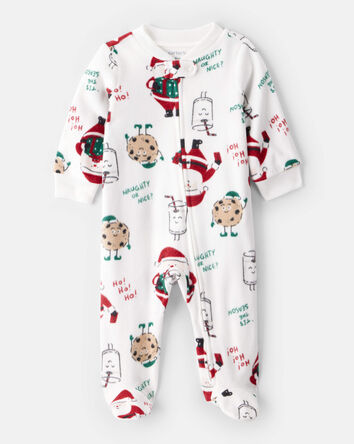 Baby Santa Print Loose Fit Fleece Long-Sleeve Sleeper - White, 